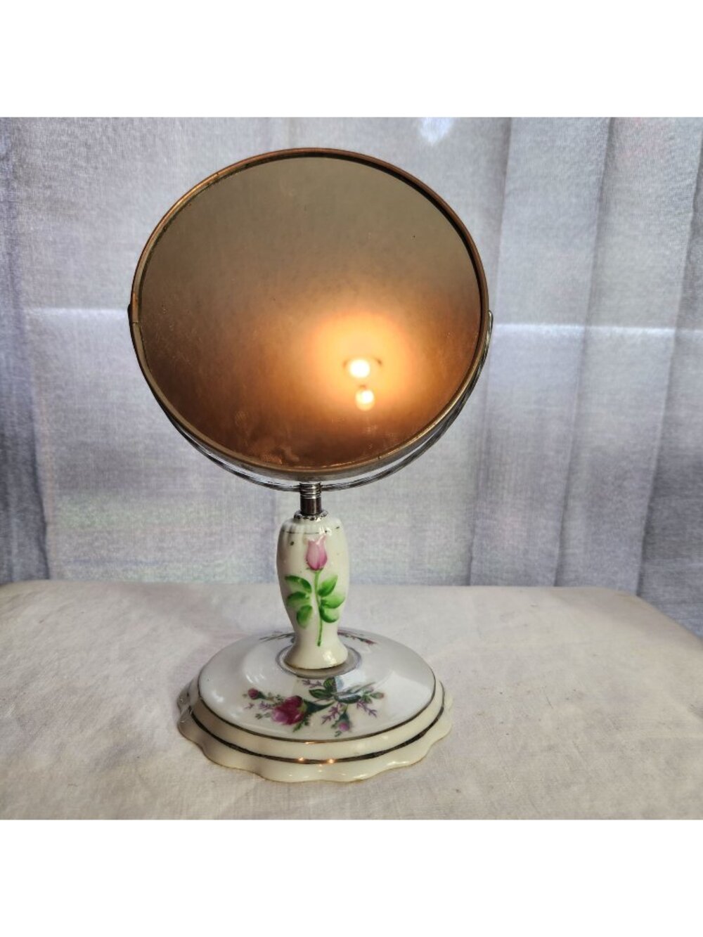 Vintage Moss Rose Porcelain Swivel Vanity Mirror With Hand-Painted and transfers